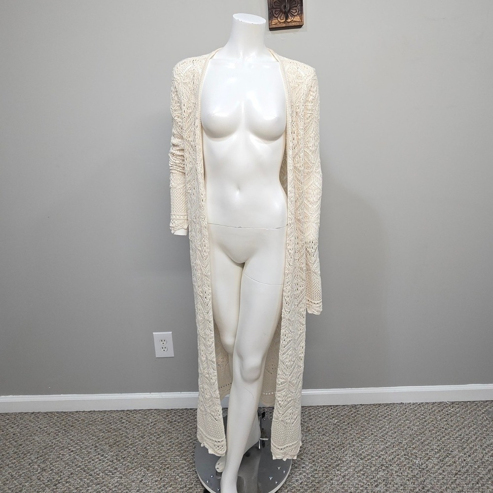 Cream Crochet Knit Duster Cardigan Women Small Boho Coastal Festival Cottagecore